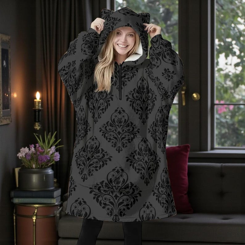 Cat Ear Wearable Blanket Hoodie, Goth Damask Lounger, Cozy Reading Hooded Blanket image 6