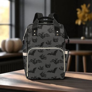 Spooky Bat Print Diaper Bag, Gothic Baby Backpack, Halloween Nappy Tote, Witchy Mom Gift