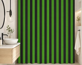 Green Black Striped Shower Curtain, Bold Vertical Stripe Bathroom Decor, Spooky Halloween Curtain