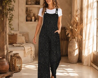 Star Print Jumpsuit for Women, Constellation Dungarees, Black Lounge Overalls, Minimal Galaxy Outfit Gift