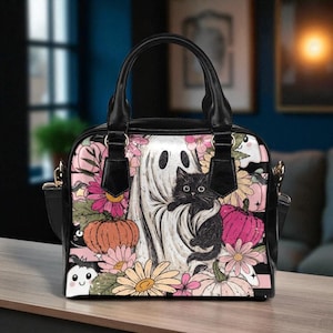 floral ghost cat handbag, retro halloween satchel bag, witchy pumpkin crossbody, haunted autumn floral purse, spooky cottagecore handbag