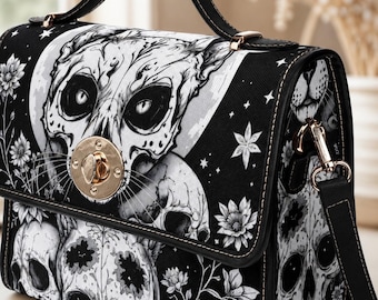 Gothic Skull-portemonnee, Celestial Witch-tas, zwart-witte handtas met handvat