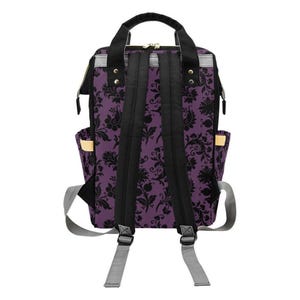Mochila cambiador con estampado damasco morado, bolso de viaje estilo bruja gótica para mamás. imagen 8