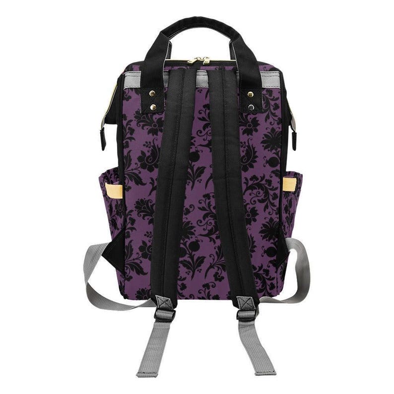 Mochila cambiador con estampado damasco morado, bolso de viaje estilo bruja gótica para mamás. imagen 8