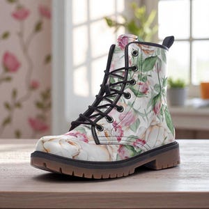 Vintage Floral Combat Boots, Cottagecore Lace Up Booties, Soft Girl Aesthetic Shoes, Pastel Garden Core Shoes, Romantic Floral Ankle Boots