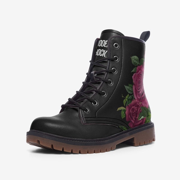 Goth Roses Burgundy Gothic Leather Unisex Boots, Vegan Leather, Combat Boots, Classic Boot, Lace Up Boots, Girl Boots, Ankle Girl Boots