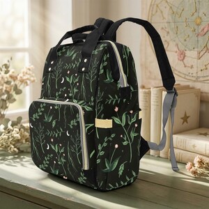 Crescent Moon Diaper Bag: Forest Green Botanical Print, Insulated Bottle Pockets (Nylon) image 5