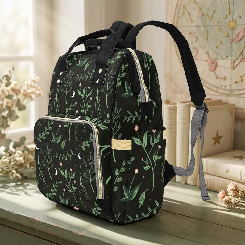 Crescent Moon Diaper Bag: Forest Green Botanical Print, Insulated Bottle Pockets (Nylon) image 5
