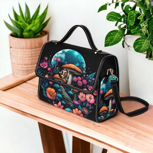 Sac cartable en toile Cottagecore champignon magique, sac à main pour femme forêt cottagecore, joli sac à main bohème avec sangle en cuir végétalien, cadeau hippies