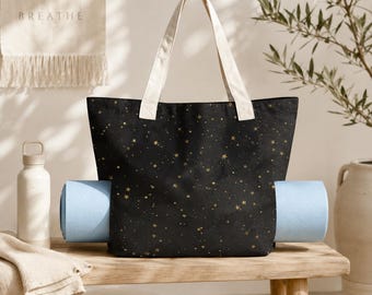 Gold Star Black Canvas Tote Bag, Celestial Night Shoulder Bag, Yoga Work Carry