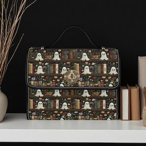 Ghost Library Shoulder Bag, Spooky Book Print Handbag, Witchy Crossbody Purse, Halloween Satchel with Ghosts and Books, Goth Academia Gift