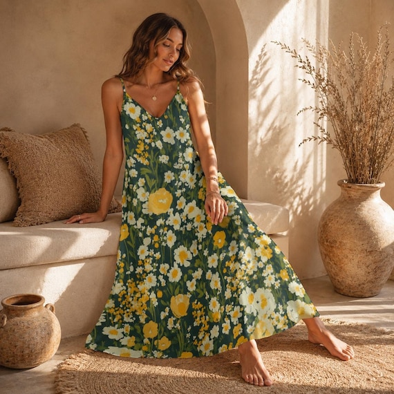 cottagecore daisy dress Yellow Floral Maxi Dress, Garden Sundress, Soft Girl Spring Summer Outfit romantic look Light stretch Issey Miyake - Swing Inseam Inches:30 Timeless Daisy bouquet