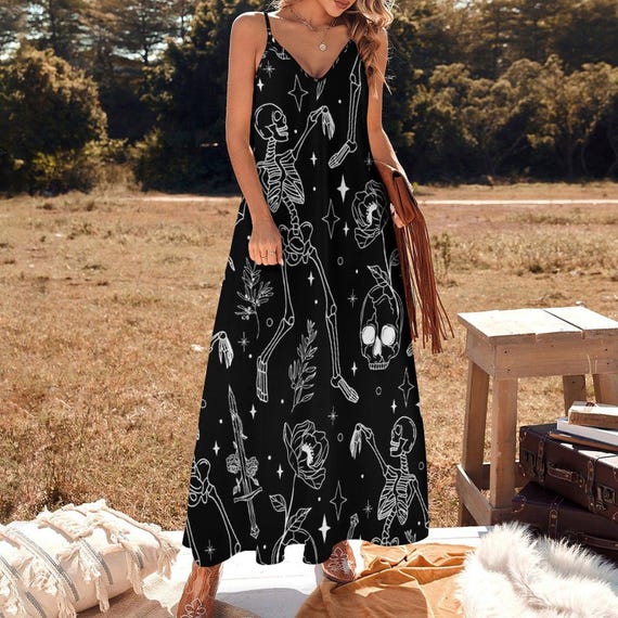 Skeleton Print Maxi Dress, Goth Floral Summer Dress, Occult Black Slip Dress,  Witchy Alternative Outfit, Skull Sword Dark Aesthetic - Etsy Canada