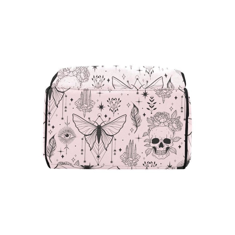 Goth Diaper Bag Backpack, Pink Moth Skull Print Baby Travel Bag, Witchy Mom Gift image 8