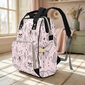 Goth Diaper Bag Backpack, Pink Moth Skull Print Baby Travel Bag, Witchy Mom Gift image 5
