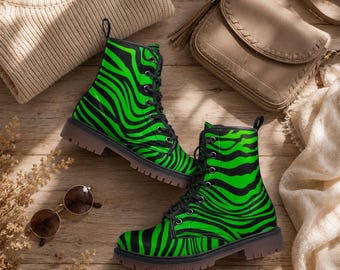 Neongroene zebraveganistische leren laarzen – Edgy Festival Fashion