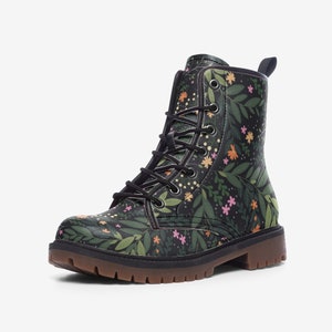 Goblincore Boots, Woodland Mushrooms Combat Boot, Vegan Combat Boots, Witchcore Festival Club Boot, Faecore Mushroom Butterly Print Boots