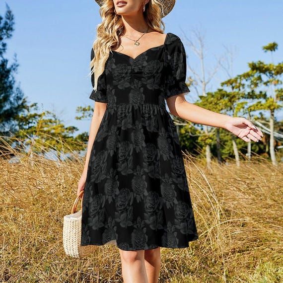 Gothic Floral Sundress, Black Rose Puff Sleeve, Romantic Cottage