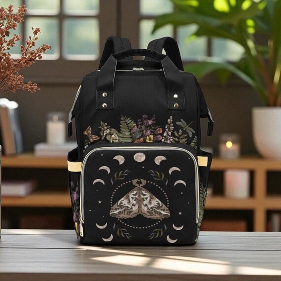 Moth Moon Phase Diaper Backpack, Witchy Mom Essentials, Celestial Baby Bag, Mystic Nursery Tote, Dark Fairycore Mom Gear, Occult Mom Gift