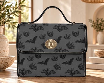 Black Bat Satchel Purse, Gothic Style Handbag, Dark Print Everyday Shoulder Bag, Halloween Accessory