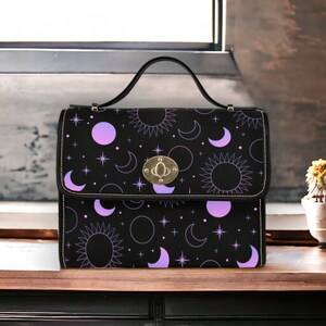 Himmlische Lila Mond Schwarze Canvas Satchel Tasche, Süße Damen Natur Umhängetasche, süße schwarze Riemen Handtasche, Hippies Boho Geschenk Geldbörse