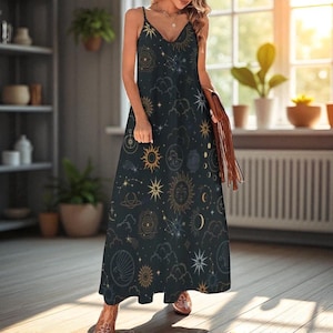 Celestial Sun Moon Dress, Black Astrology Maxi Dress, Starry Sky Spiritual Outfit, Witchcore Planet Print Dress, osmic Universe Boho Fashion