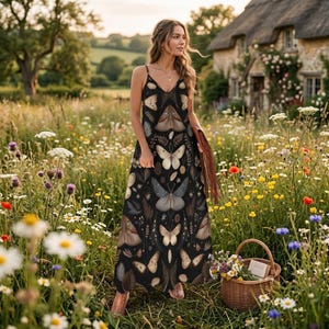 Jurk met vlinderprint, maxi donker bos, vintage zomerjurk met insecten, nachtjapon Cottagecore, outfit mystiekpatroon, boho-natuurstijl, Witchy-jurk