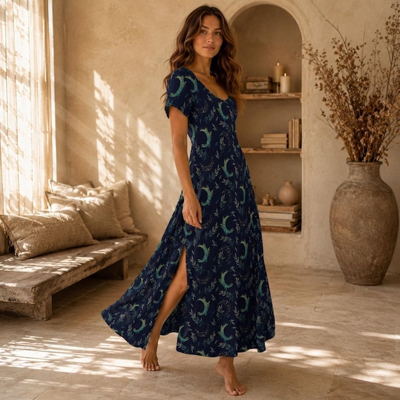 celestial dress women Blue Velvet Elven Dress, Constellation Gown featuring a classic milkmaid silhouette for a timeless Celestial Romance