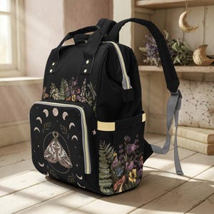 Moth Moon Phase Diaper Backpack, Witchy Mom Essentials, Celestial Baby Bag, Mystic Nursery Tote, Dark Fairycore Mom Gear, Occult Mom Gift image 3