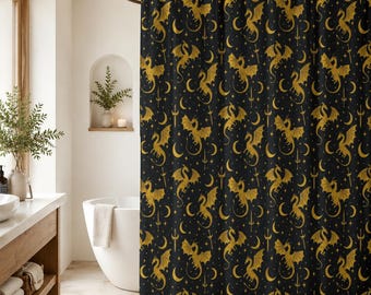 Gold Dragon Celestial Shower Curtain, Moon Star Sword Print Bathroom Decor