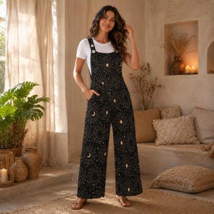 Celestial Moon Sun Wide Leg Jumpsuit, Boho Astrology Print Dungarees, Festival Travel Outfit image 7