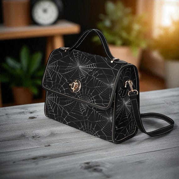 Spiderweb Gothic Purse, Canvas Satchel Bag, Vegan Goth Bag  display picture 2