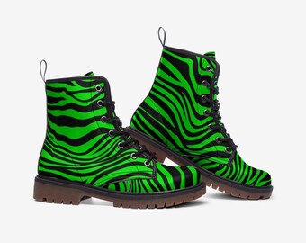 Stylish Black and Neon Green Men\'s Boots Neon Green Zebra Vegan Leather Boots – Edgy Festival Fashion  main image 3