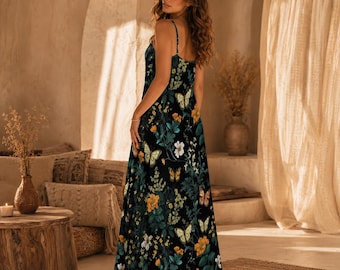 Butterfly Floral Maxi Dress, Cottagecore Garden Sundress, Boho Wildflower Slip Dress