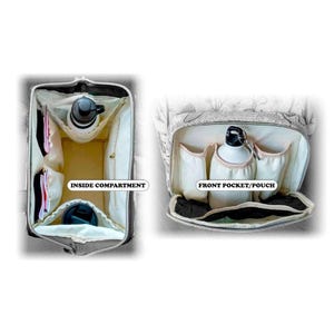 two compartments inside a bag, labeled "INSIDE COMPARTMENT" and "FRONT POCKET/POUCH".