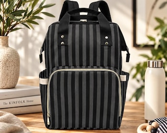Black Striped Backpack, Gothic Diaper Bag, Dark Academia Organizer, Goth Travel Tote