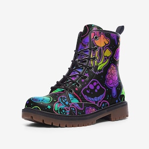 Goblincore Boots, Woodland Mushrooms Combat Boot, Vegan Combat Boots, Witchcore Festival Club Boot, Faecore Mushroom Butterly Print Boots