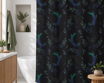 Moon Botanical Shower Curtain, Teal Crescent Moon Leaf Bath Decor