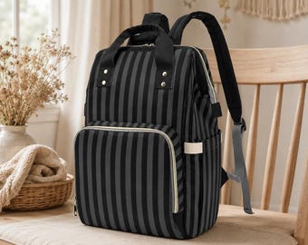 Black Striped Backpack, Gothic Diaper Bag, Dark Academia Organizer, Goth Travel Tote