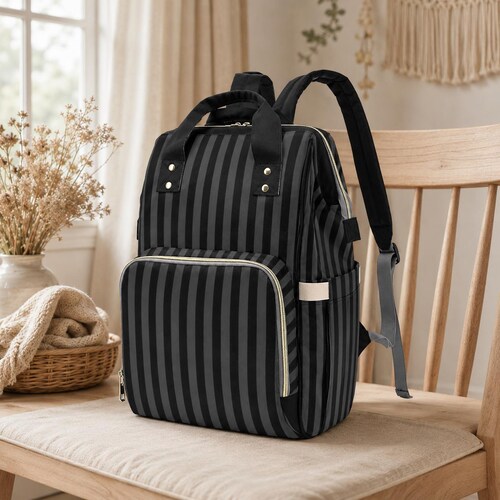 Black Striped Backpack, Gothic Diaper Bag, Dark Academia  display picture 2
