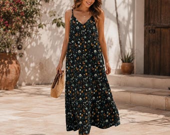 Black Daisy and Butterfly Ditsy Print Maxi Dress with Spaghetti Straps