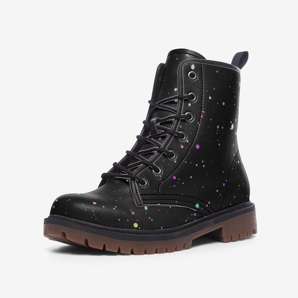Boho Colourful Dots Black Vegan Combat Boots, Celestial Boots, Mystical Combat Boots, Witchcore Boots, Witchy Clubwear, Fantasy Festival