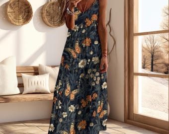 Boho Cottagecore Maxi Dress, Fairy Forest Pattern Dress, Woodland Motif Dress, Witchy Maxi Dress, Fairy Grunge Dress, Boho Forest Maxi Dress