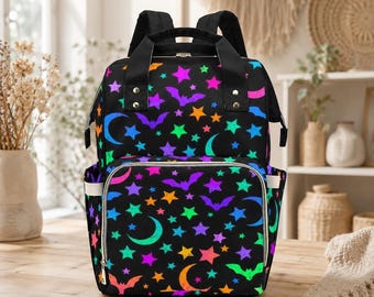 Neon Bat Moon Diaper Bag Backpack, Spooky Halloween Mom Bag