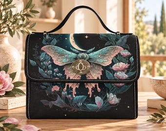 Luna Moth Celestial Satchel Bag, Moon Stars Floral Crossbody Handtasche