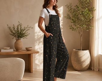 Celestial Moon Wide Leg Jumpsuit, Black Star Print Overalls, Witchy Festival Outfit