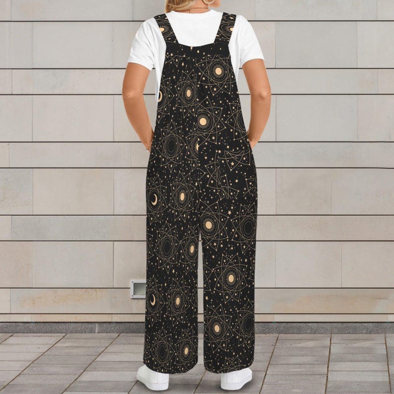 Celestial Moon Sun Wide Leg Jumpsuit, Boho Astrology Print Dungarees, Festival Travel Outfit image 11
