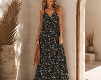 Navy Wildflower and Butterfly Print Maxi Dress with Spaghetti Straps