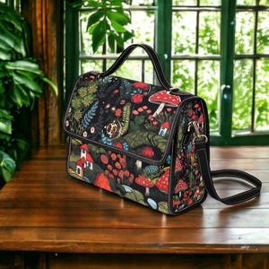 Dark Fairy Forest  Mushrooms Cottagecore Canvas Satchel bag, Boho Mushrooms Motif purse, Goblincore Handbag, Witchy Hippie Boho Purse