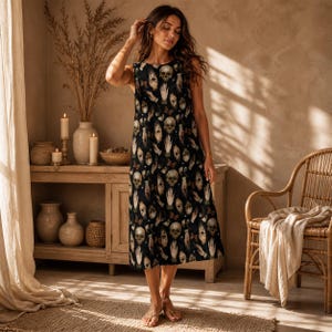 boho skull dress Gothic Skull Moth Ruffle Dress, Witchy Summer Sleeveless Sundress